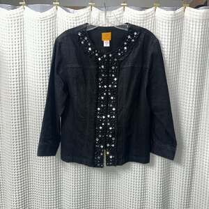 Ruby Rd. Women's Black Denim Embellished Rhinestone & Jewel Open Front Jacket